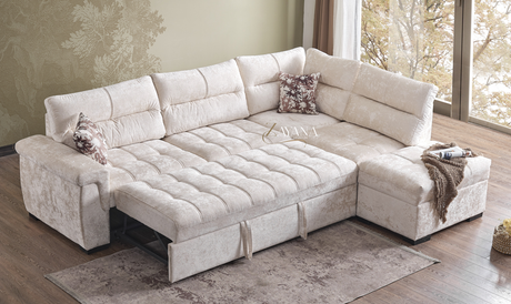 Gianni Right/Left Corner Sofa Bed With Storage Stool Cream