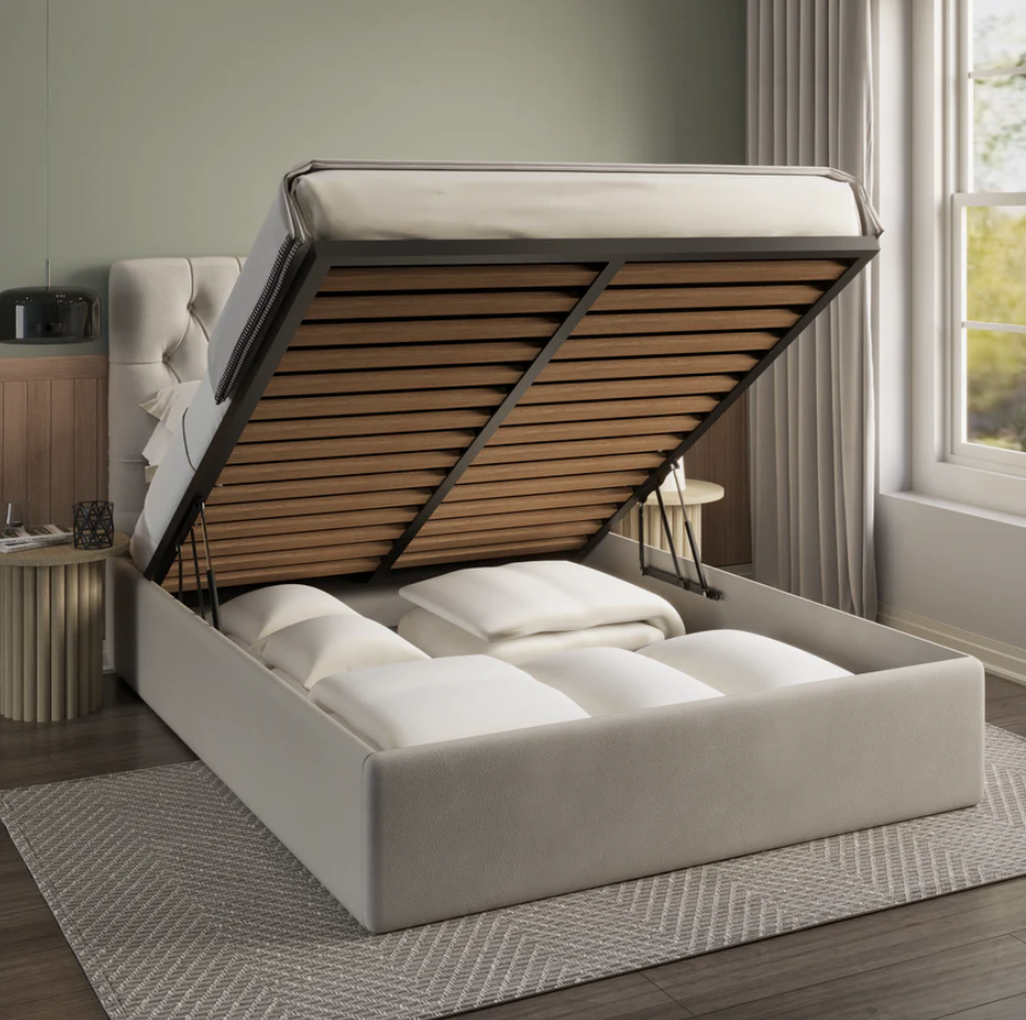 Luxury Bed Frame in cream plush velvet - metal gas lift storage