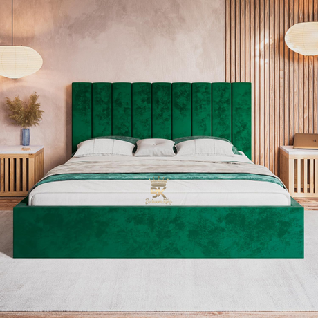 Storage Bed Frame in green plush velvet - 54" high headboard