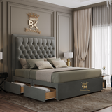 Storage bed frame in grey plush velvet