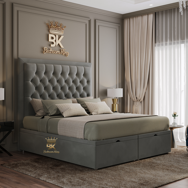 Ottoman Bed Frame in grey plush velvet