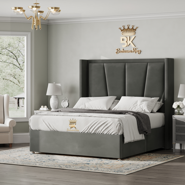 Wingback Divan Bed Frame - Grey Plush Velvet