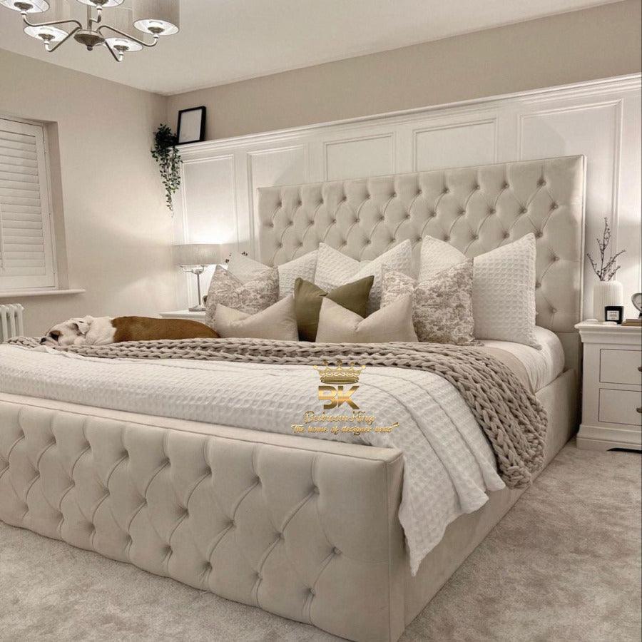 White velvet king size shop bed