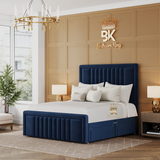 King size bed frame in blue plush velvet