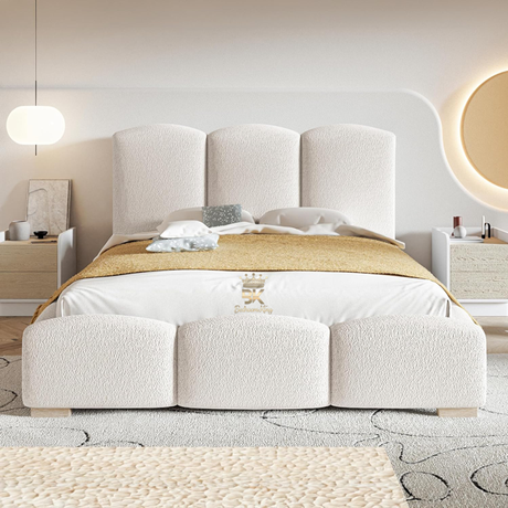 Boucle Double Bed With Storage - White plush velvet