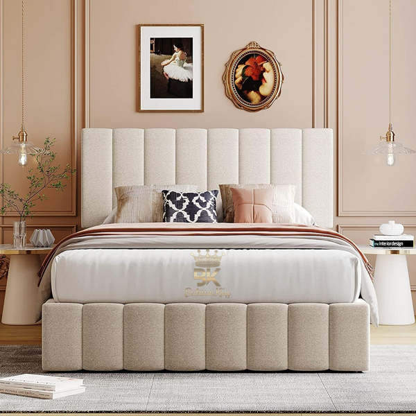 Teddy Boucle Fabric Bed Frame in cream plush velvet - Metal gas lift storage