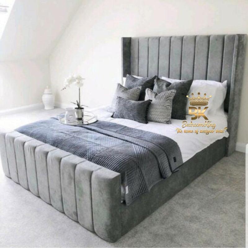 Grey upholstered bed frame deals with storage